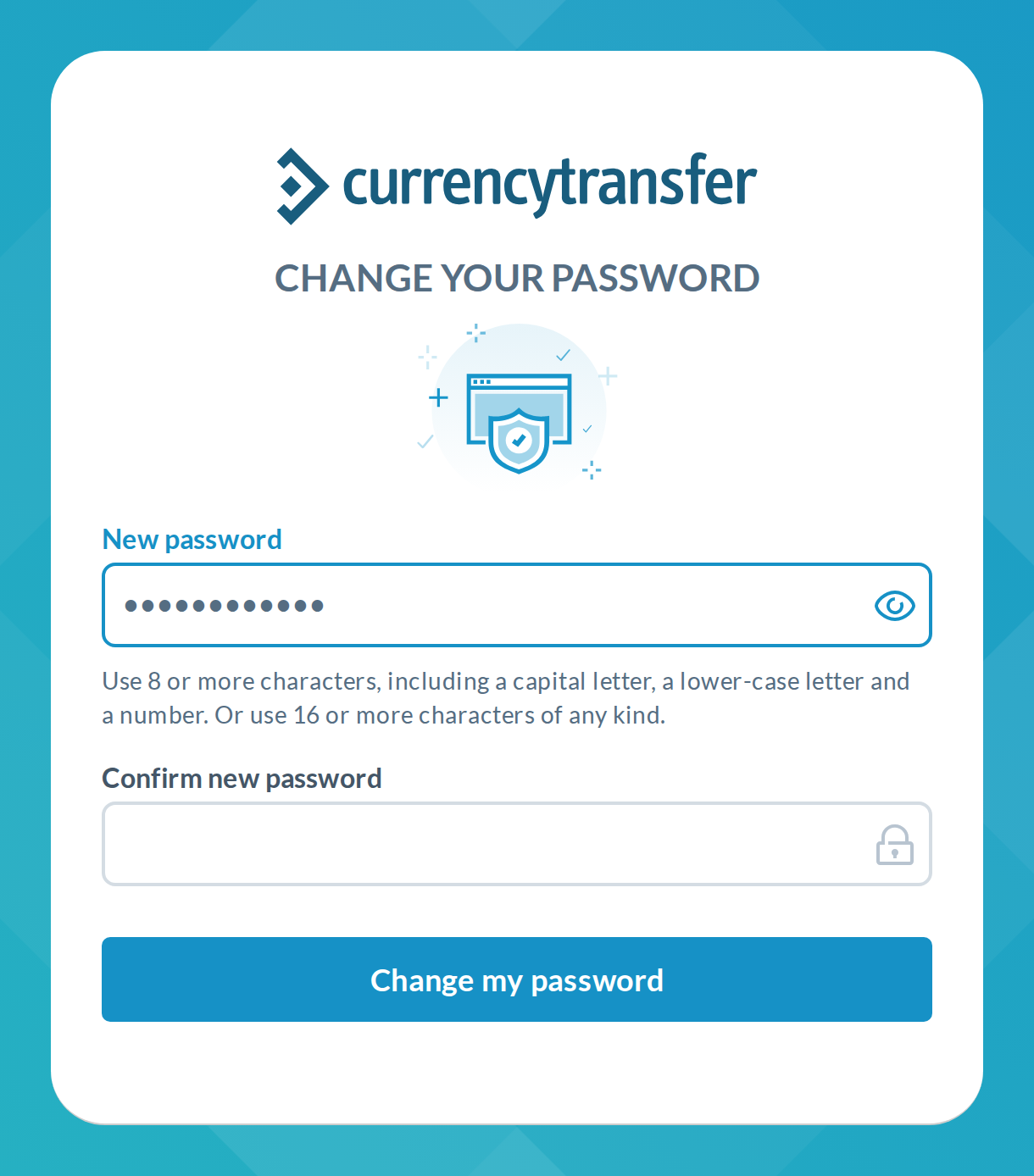 Variant A, reset page: clear labels, rule line, eye, spacing and the rounded sign-in card