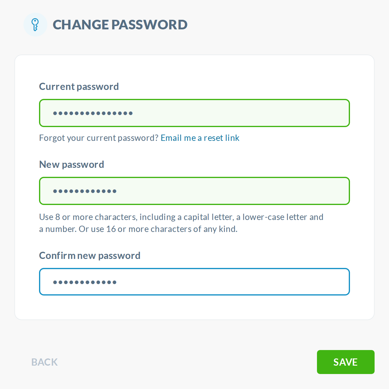 Variant A, Change Password: Current, New, Confirm, with the rule line and a short reset link under Current