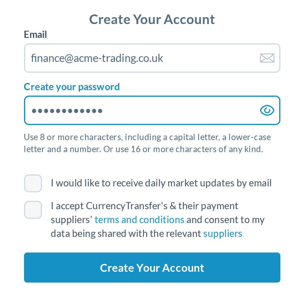 Variant A, sign-up: one static rule line under the field