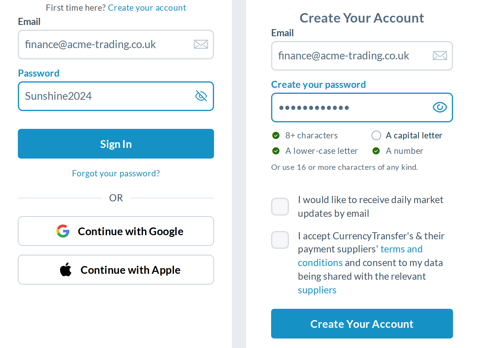 Variant B on a phone (390px): sign-in with the password revealed (left) and sign-up with the checklist (right)