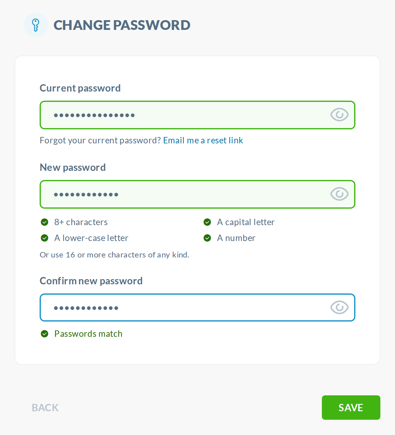 Variant B, Change Password: current first, checklist and match line complete, eye on every field