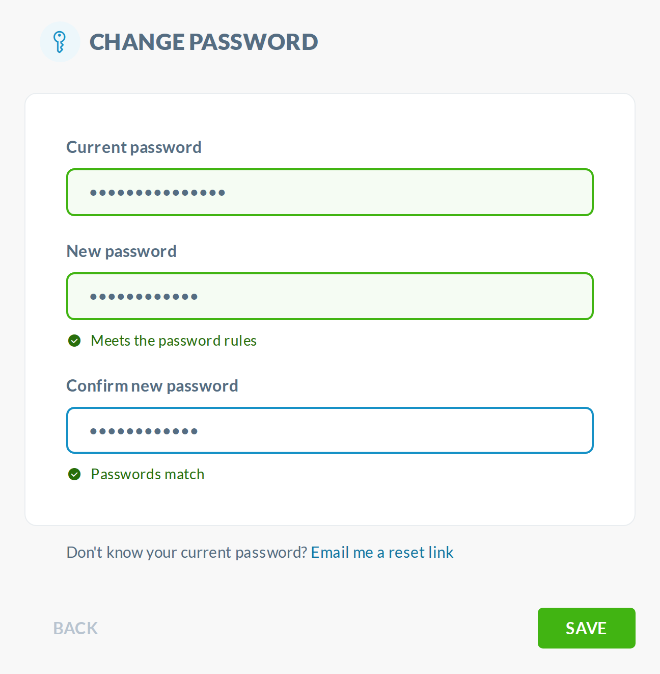 Variant C, Change Password: hint and match lines complete, and the reset action in a quiet row under the card