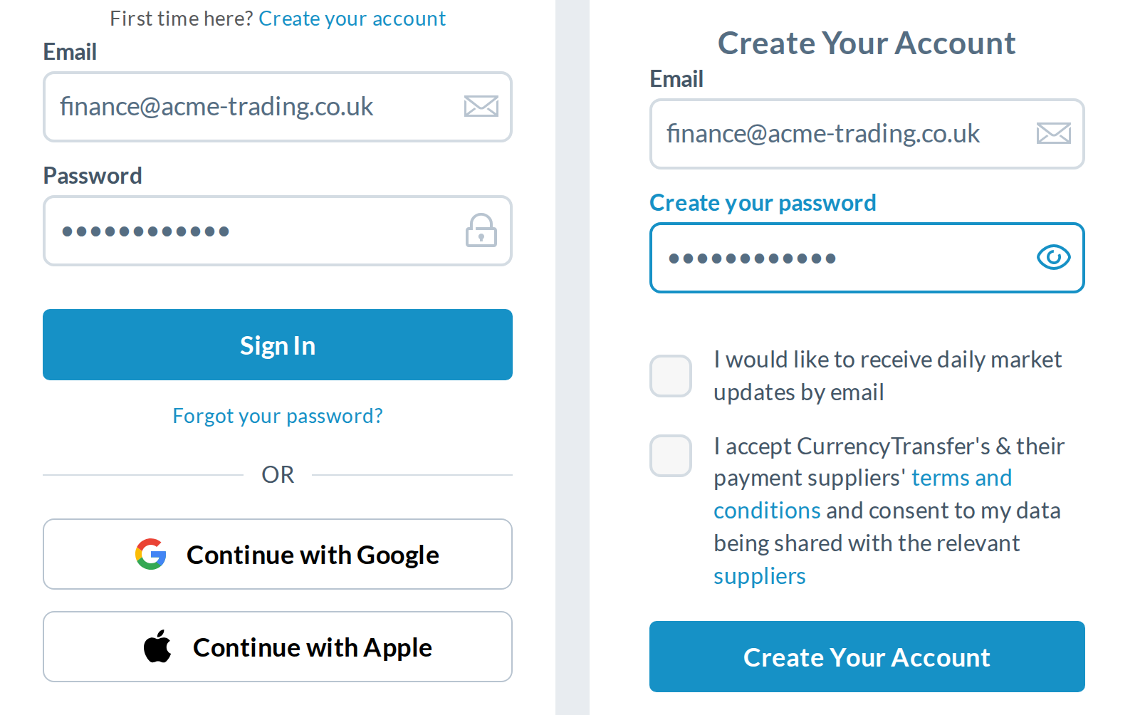 Today on a phone (390px): sign-in (left) has only a decorative lock; sign-up (right) has the eye but no rules