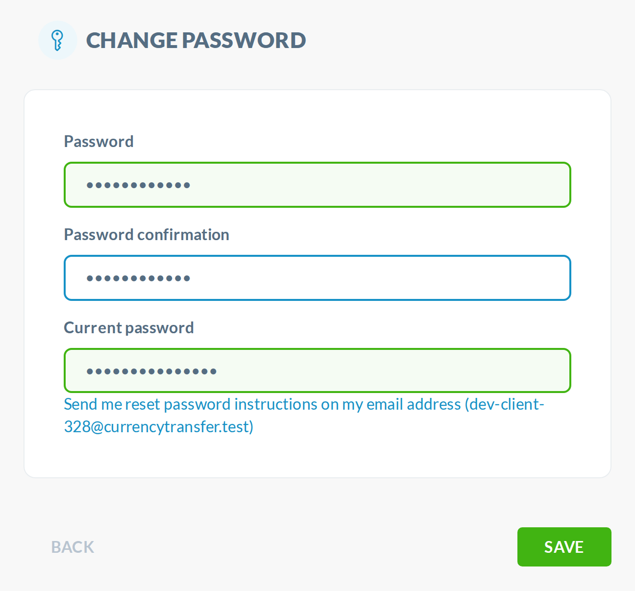Today, Settings > Change Password: new password first, current password last, and a reset link that wraps the email address