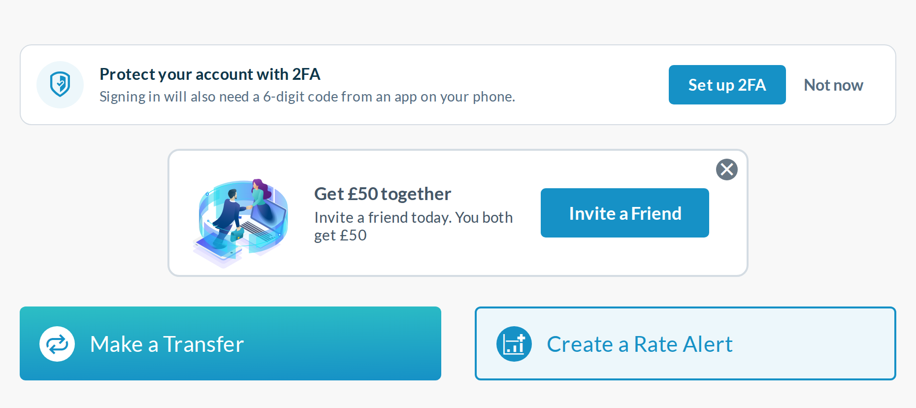 Variant D (desktop): reminder banner at the top of the real dashboard, above the referral promo