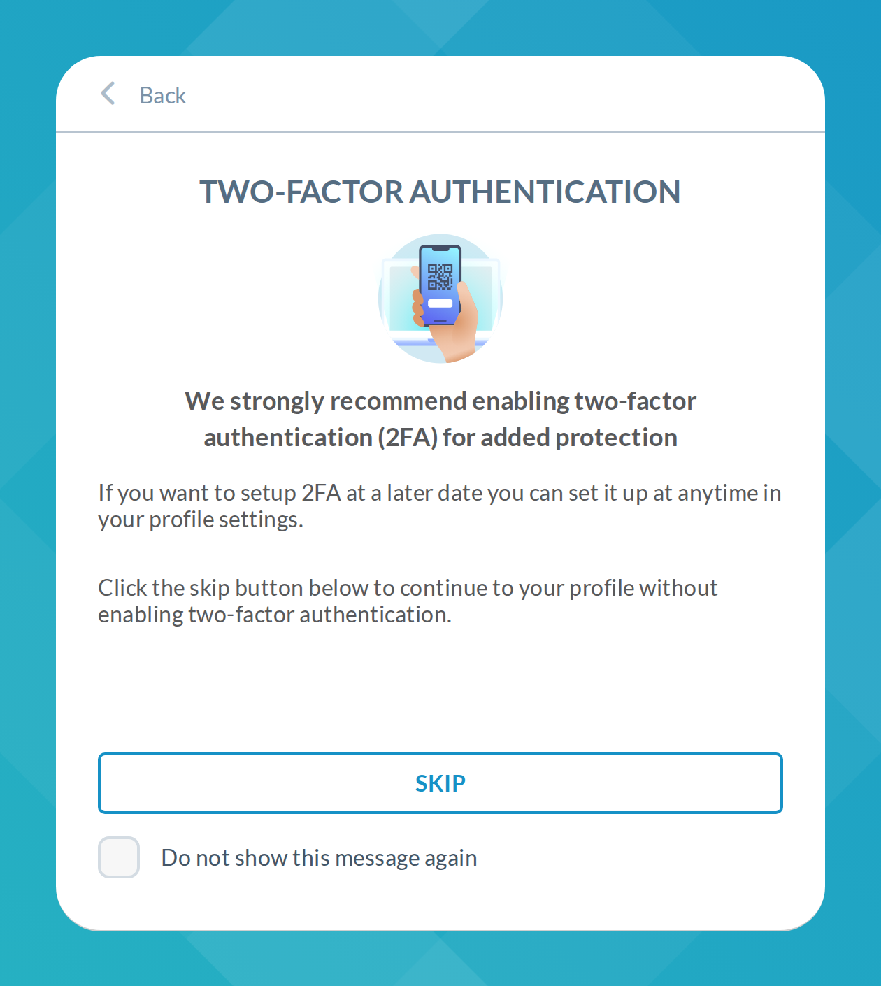 Today, screen 2 after SKIP: same title, illustration and headline, SKIP again, the opt-out below the button, and 'continue to your profile'