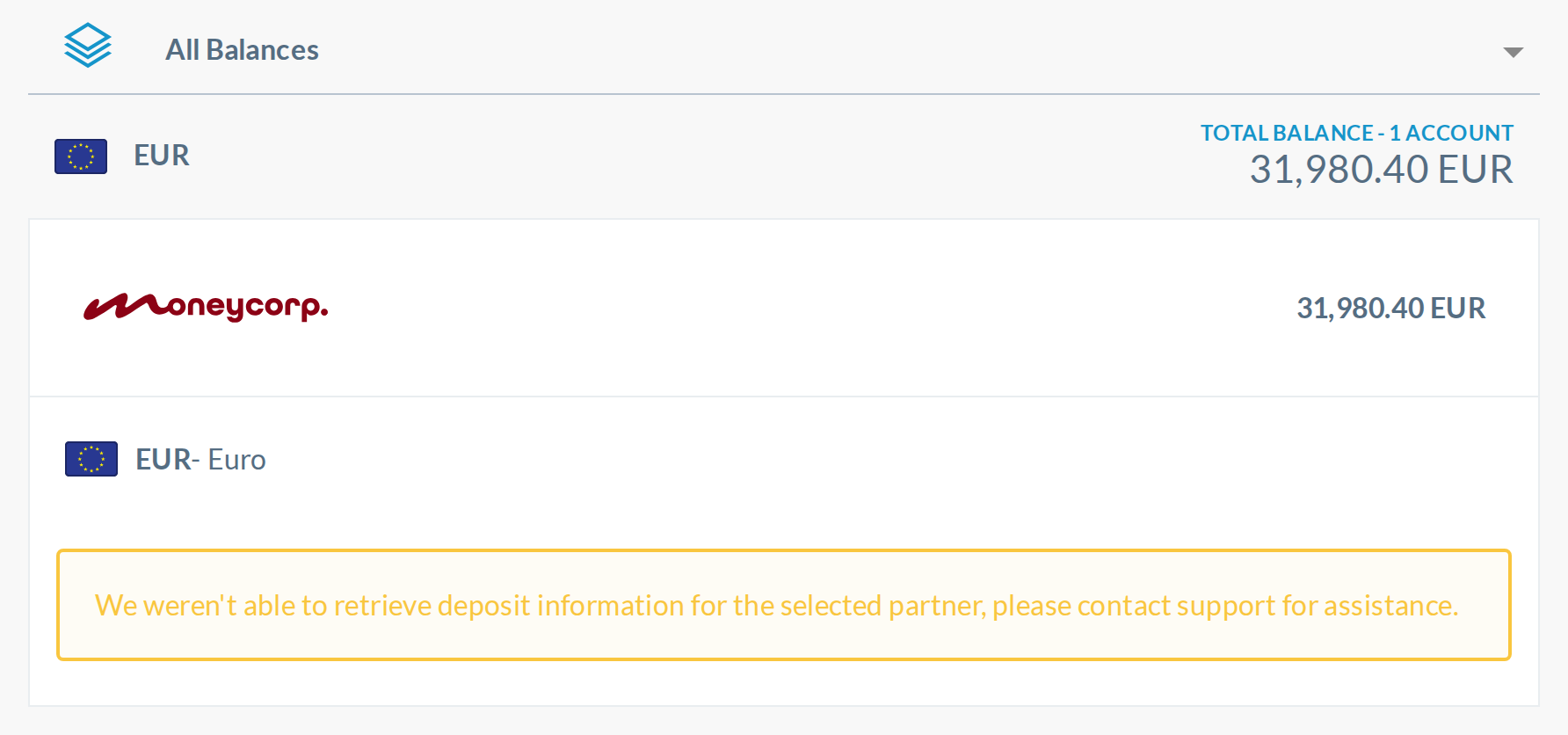 Balances today with deposit details unavailable (stubbed 404, the production failure path): the explanation is pale yellow, 1.55:1.