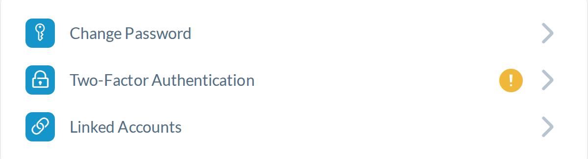Settings today: the only sign that 2FA is off is a bare yellow '!' (1.81:1) with no label.