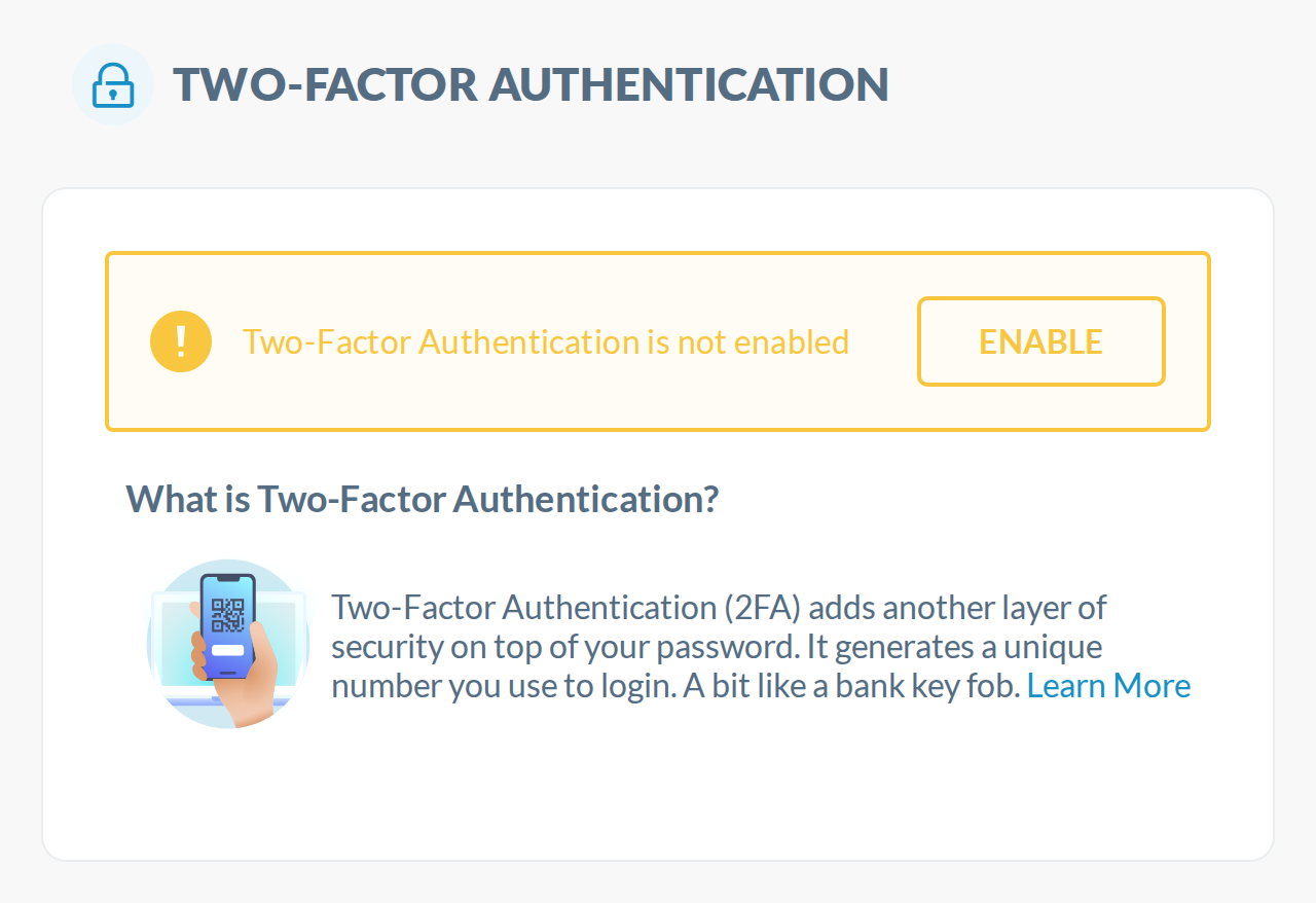 2FA page today: the 'not enabled' message and the ENABLE button are yellow on cream, 1.55:1.