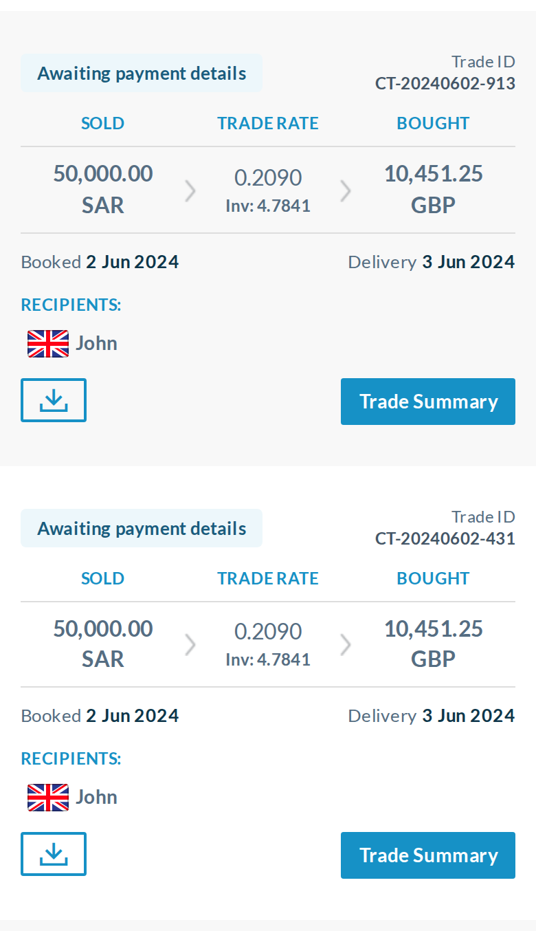 Phone (390px), the same two 2 Jun transfers: chip and Trade ID at the top, dates restored. They now read CT-20240602-913 and CT-20240602-431.