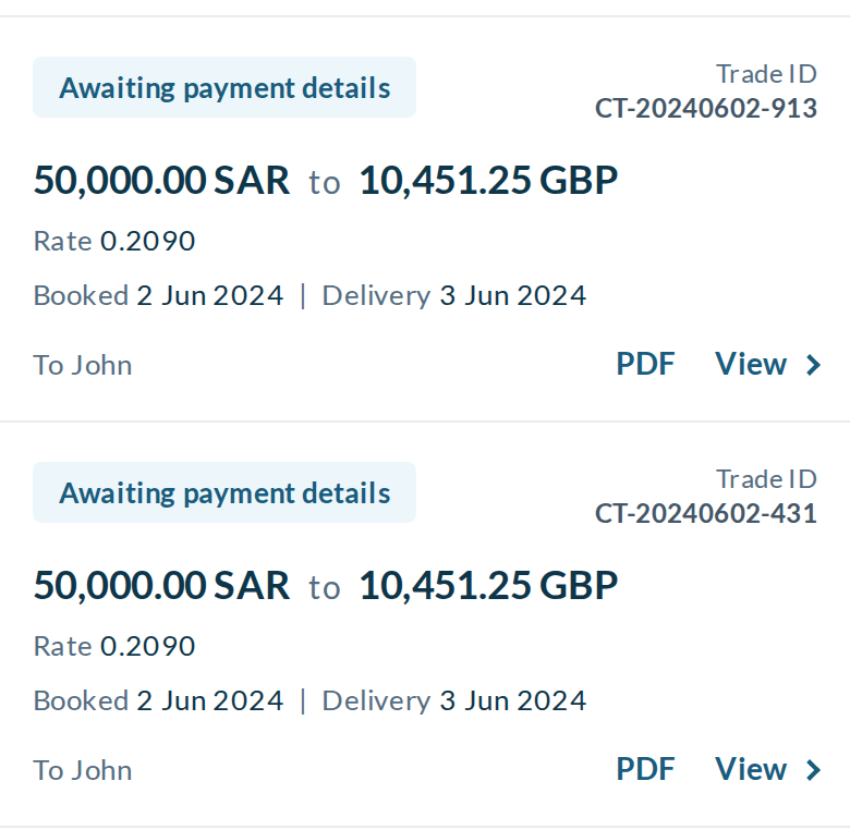 Phone: one card per transfer, with the Trade ID, a single 'SAR to GBP' line and the dates restored.