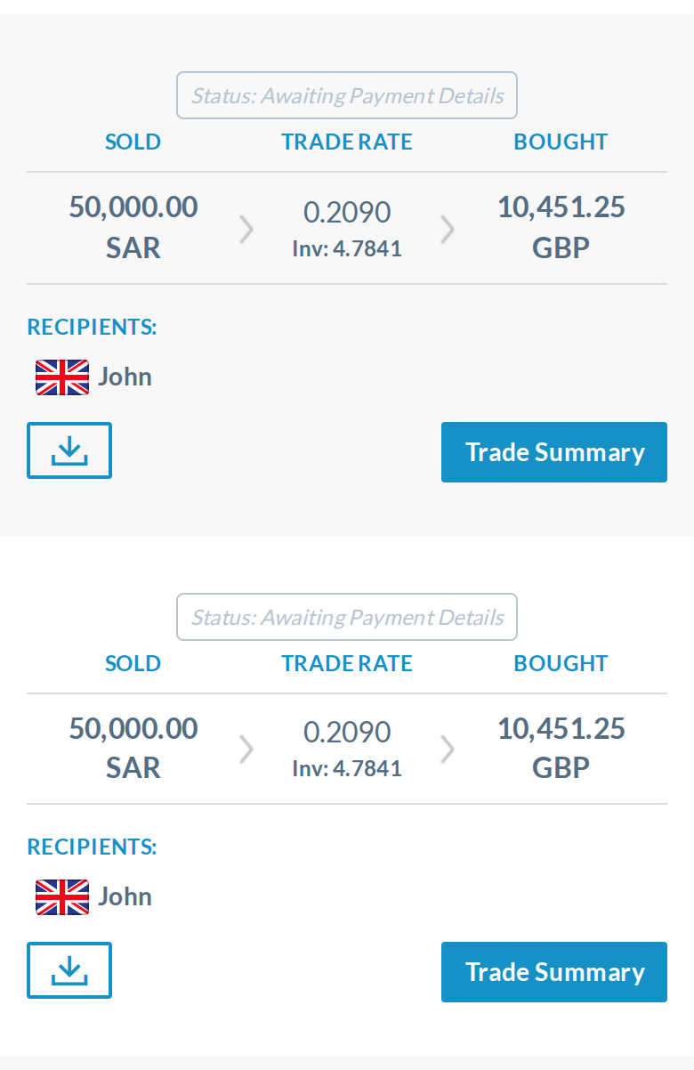 Phone today, the two 2 Jun transfers: every visible field is identical, with no dates and no Trade ID.
