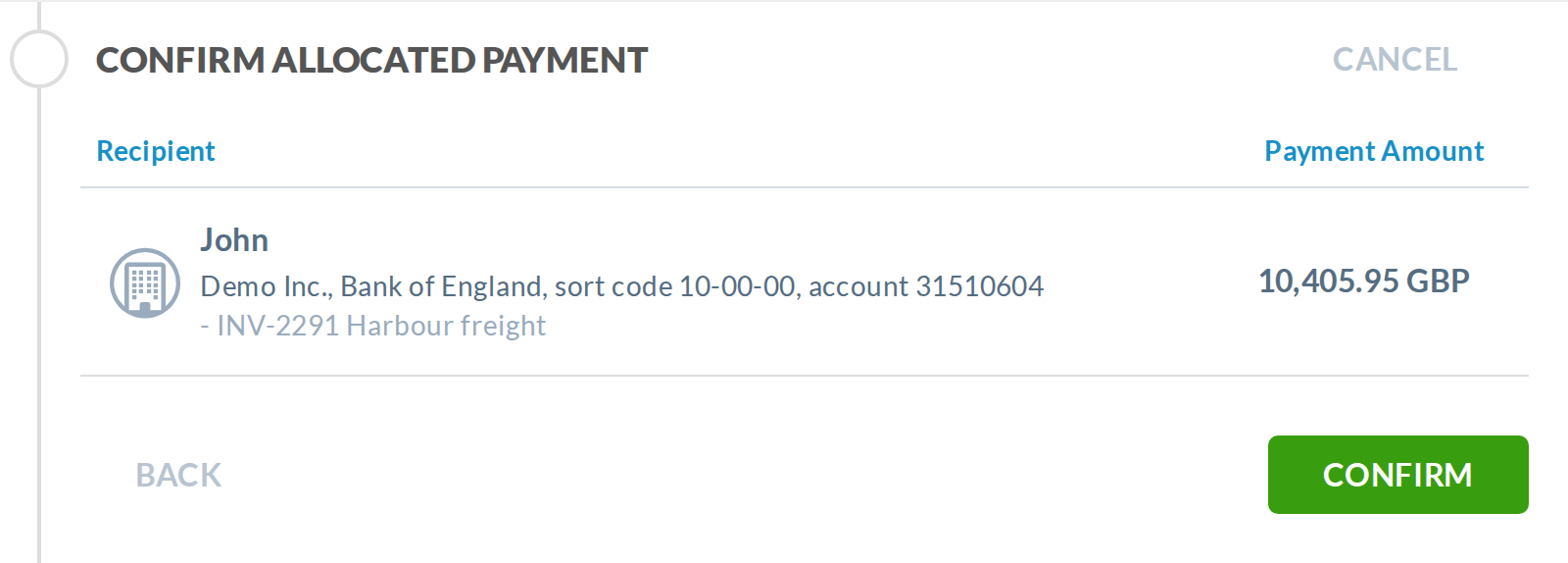 Confirm step: one added line with the holder, bank, sort code and full account number.