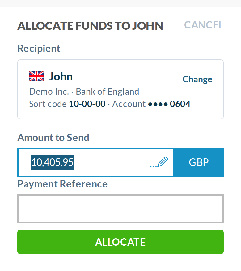 Phone allocate step (390px): a Recipient card with holder, bank, sort code, masked account and Change. The title sits on one line and the form on the 28px gutter.