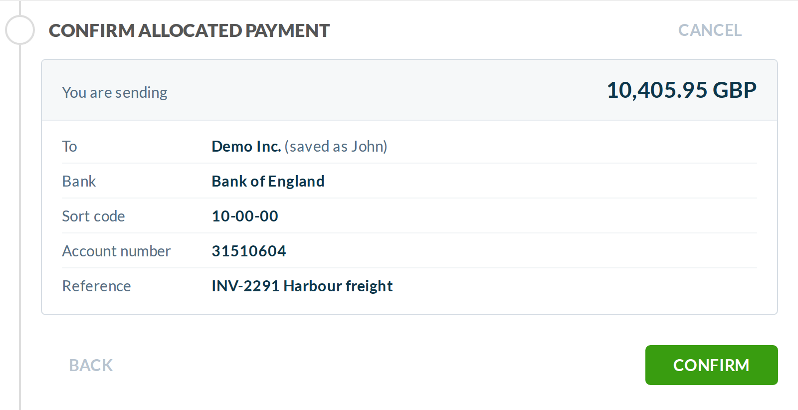 Confirm step: the amount first, then holder, bank, sort code, full account number and reference. On phones the rows stack.