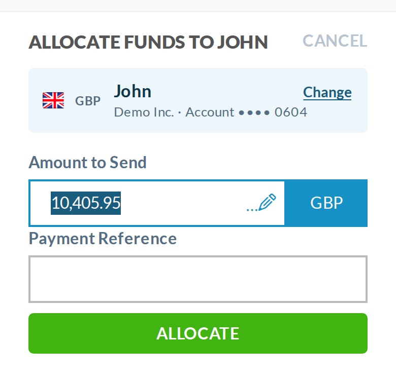 Phone allocate step: the chosen row pinned in a light blue band with Change.