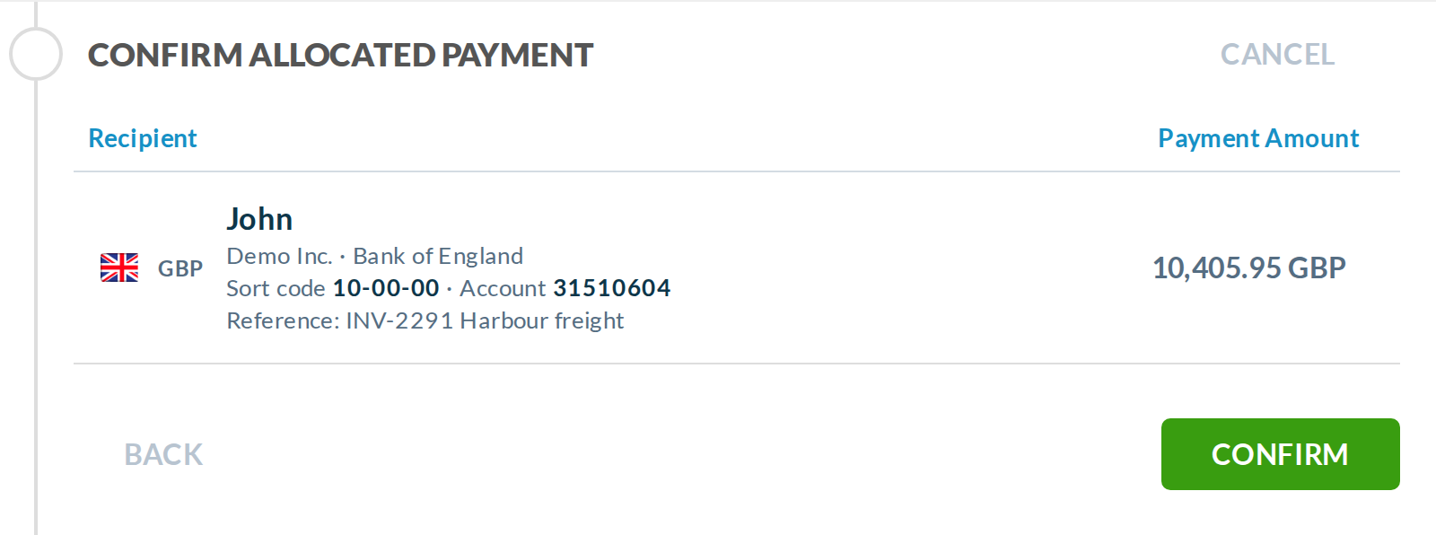 Confirm step: the same row, now with the full sort code, account number and reference.