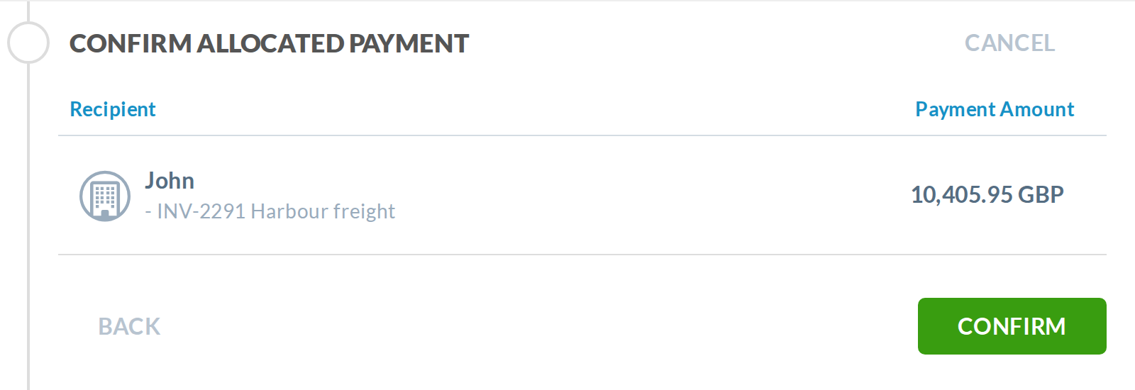 Desktop confirm step today: nickname, reference and amount. No holder, bank or account before Confirm.