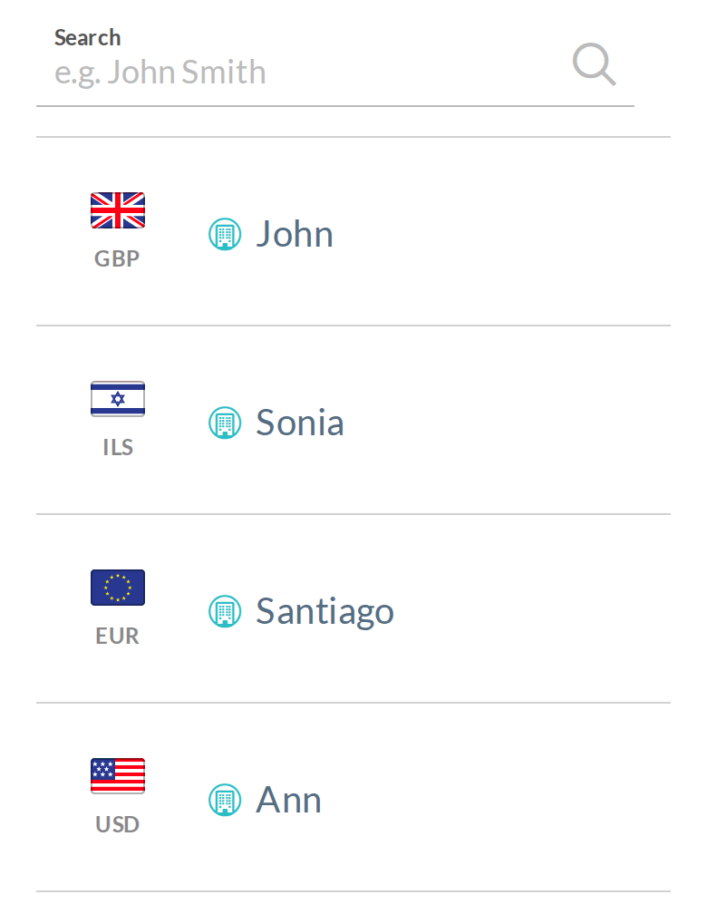 Phone recipients list today: flag, icon and nickname. The masked account line is display:none.