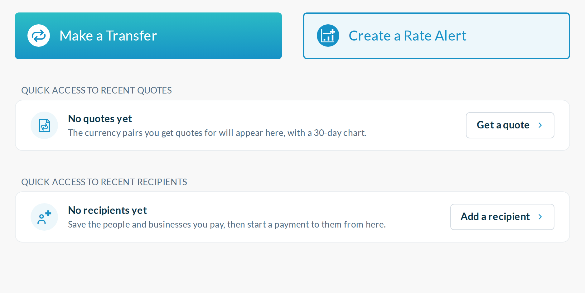 New client, 1440: each empty section says what will appear and offers one action