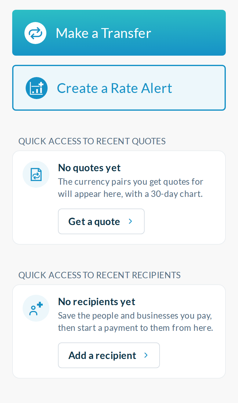 Recommended, new client, 390: the same cards stacked, with each action under its text