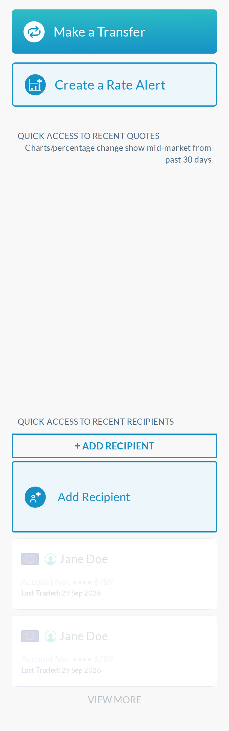 Today, new client, 390, from the buttons to the page end: a 380px blank block, two stacked add actions, ghost cards and VIEW MORE