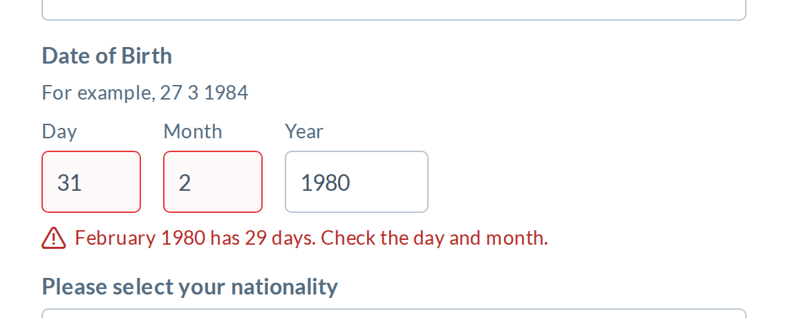31 2 1980: both boxes are flagged, with one message that names the month
