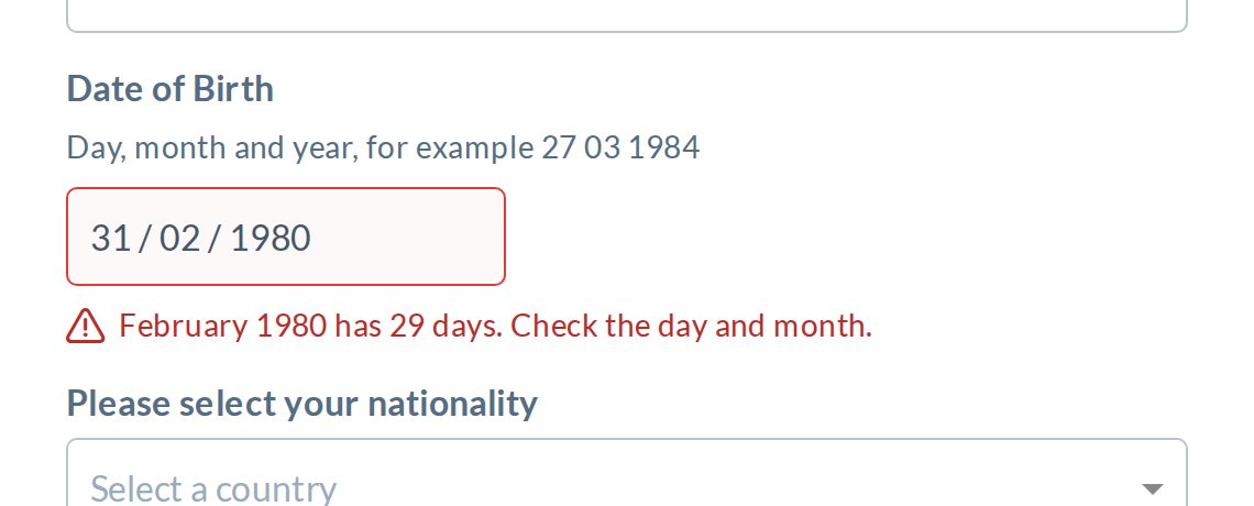 31/02/1980: the field is flagged with the same message as B
