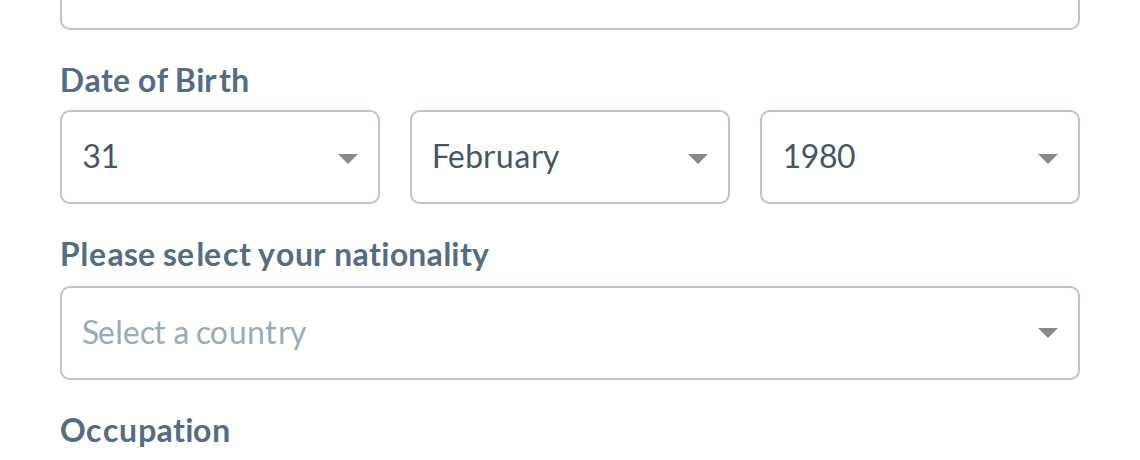Today: 31 February 1980 is accepted, and the page holds birth_date 1980-03-02