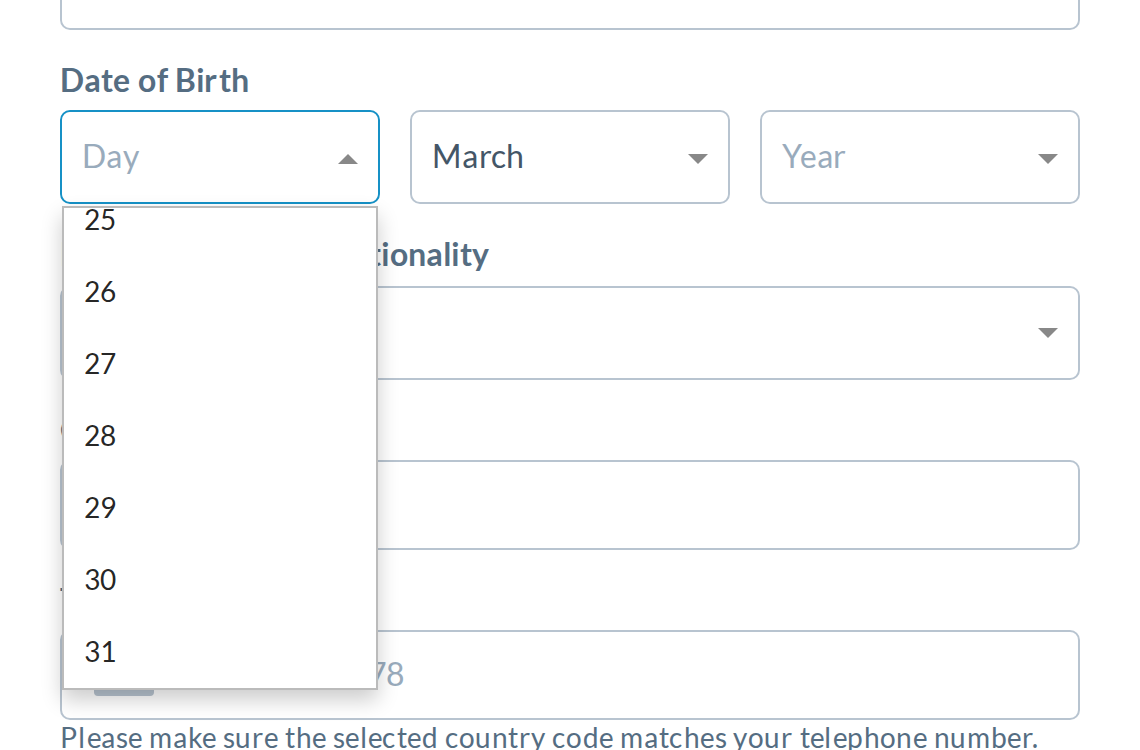 March picked first: the Day list now runs to 31, and Year starts empty