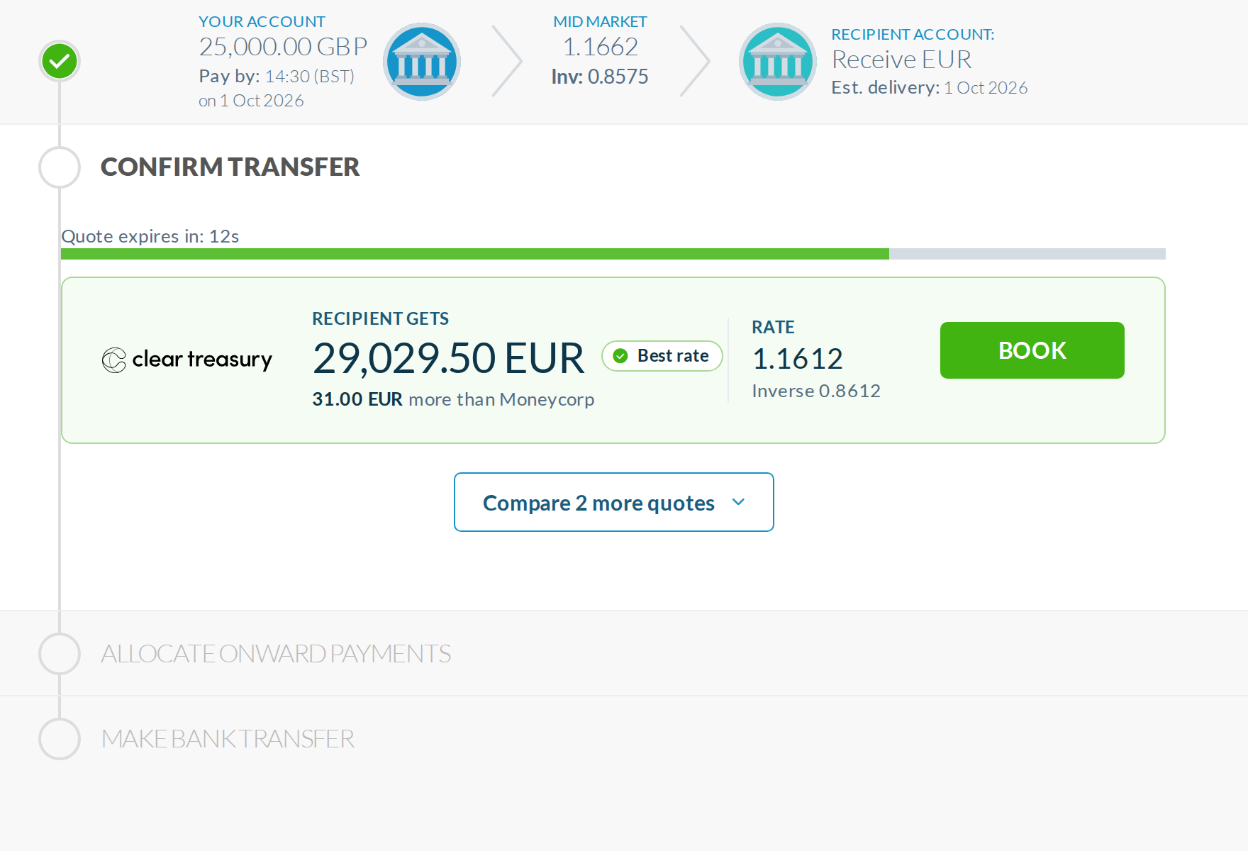 B, desktop default: the recipient amount is the hero, and the card names itself best and says it gives 31.00 EUR more than Moneycorp, before any click.