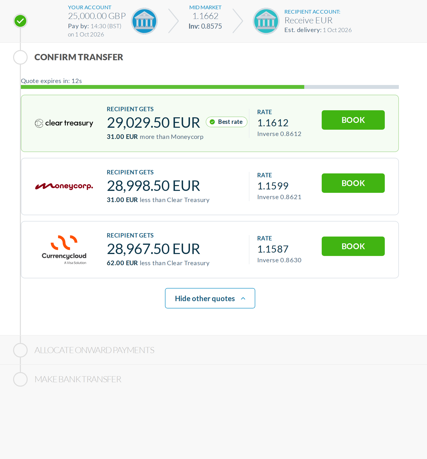 B, expanded: 'Your account' is gone. Every card says what the recipient gets and how far behind the best it is; rate and inverse sit in a quiet column.