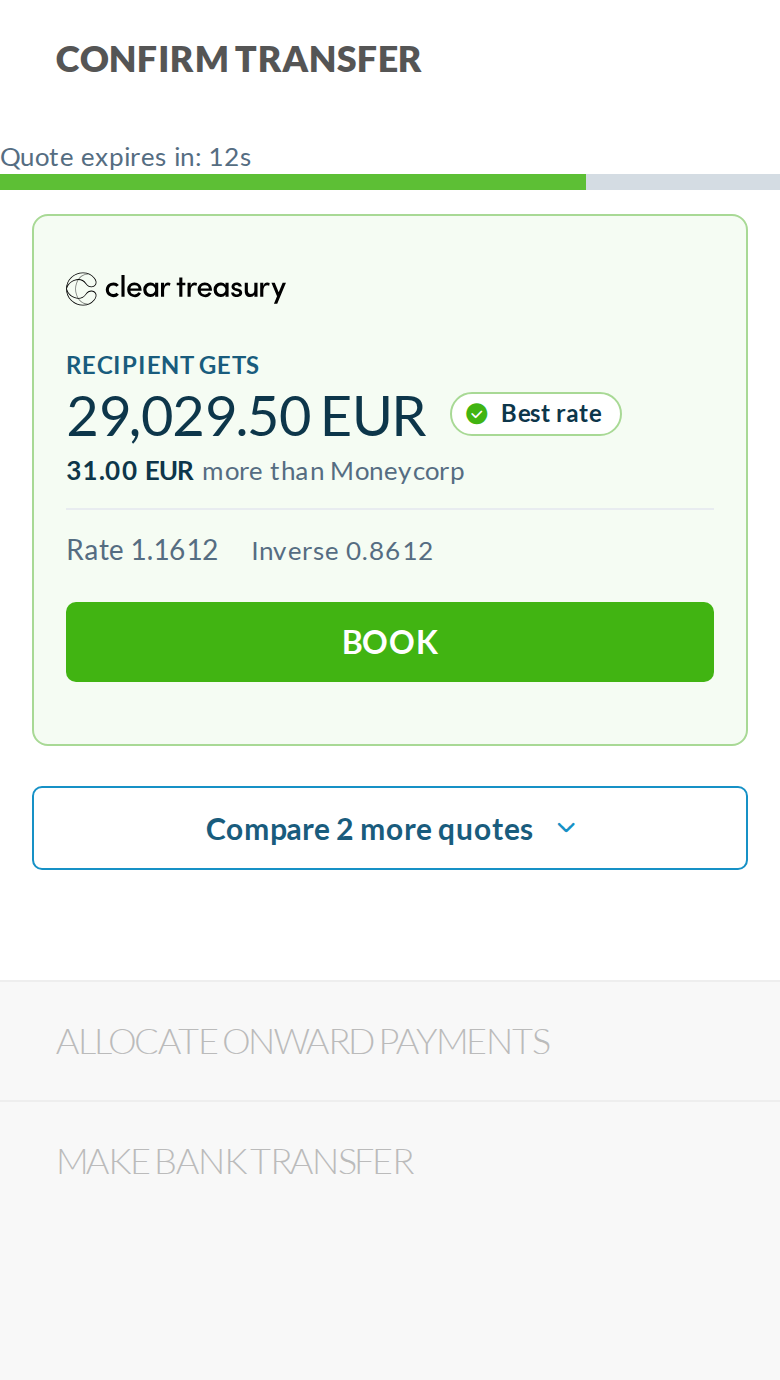 B, phone at 390px (recommended): full-width BOOK and toggle, and the lead over the next quote is visible while collapsed.