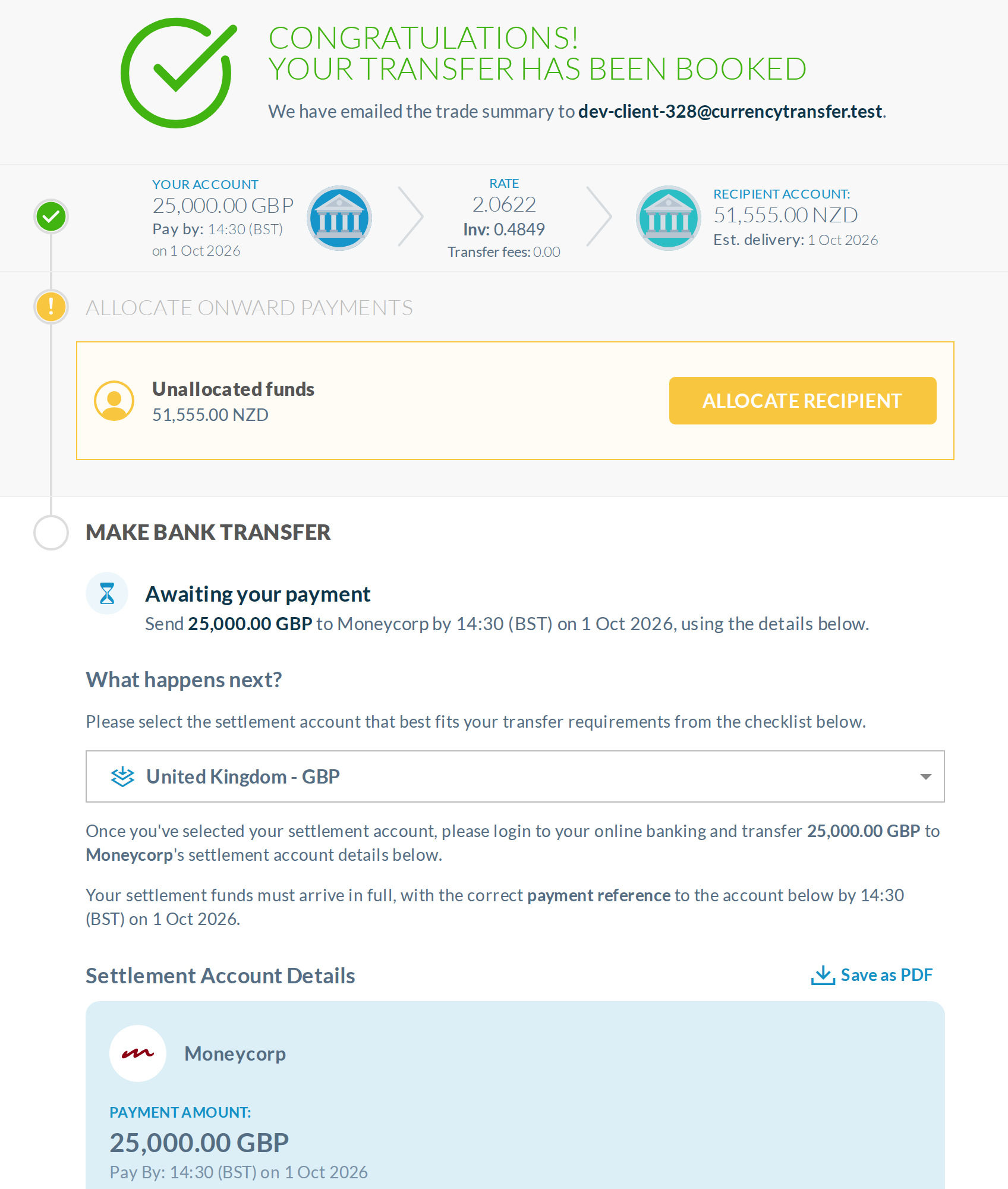 A, just booked: one congratulation (the banner, which now also says where the summary was emailed), then 'Awaiting your payment' with amount, provider and deadline.