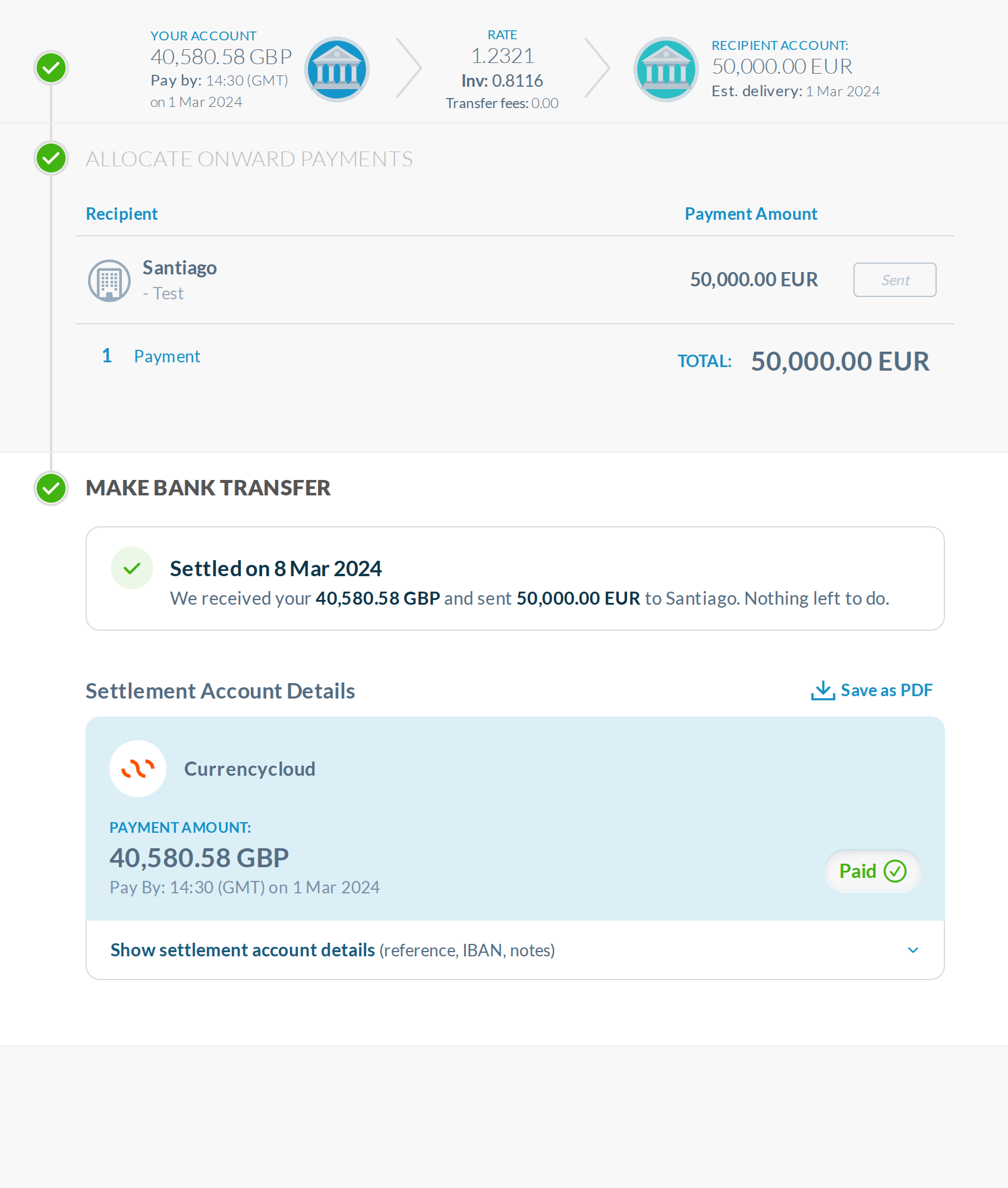 B, settled: a status panel, with the payment instructions folded into one strip under the Paid card. The page ends at 957px instead of 1681px.