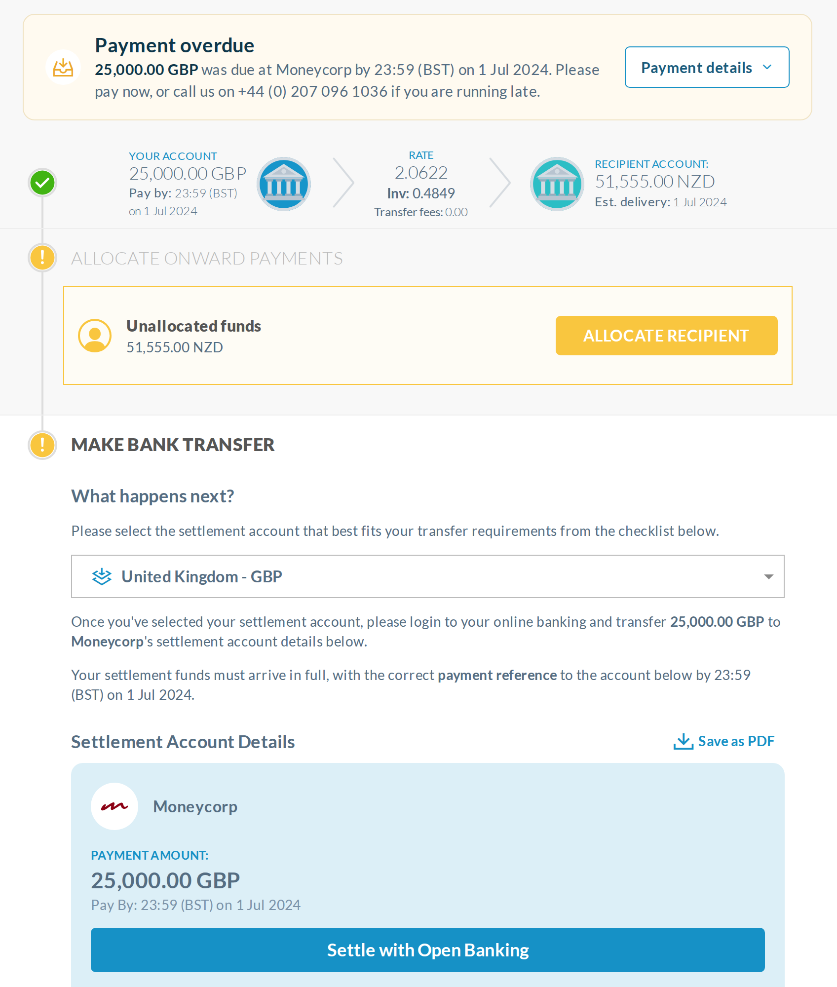 C, overdue: an amber header with a 'Payment details' button that jumps to the account details.
