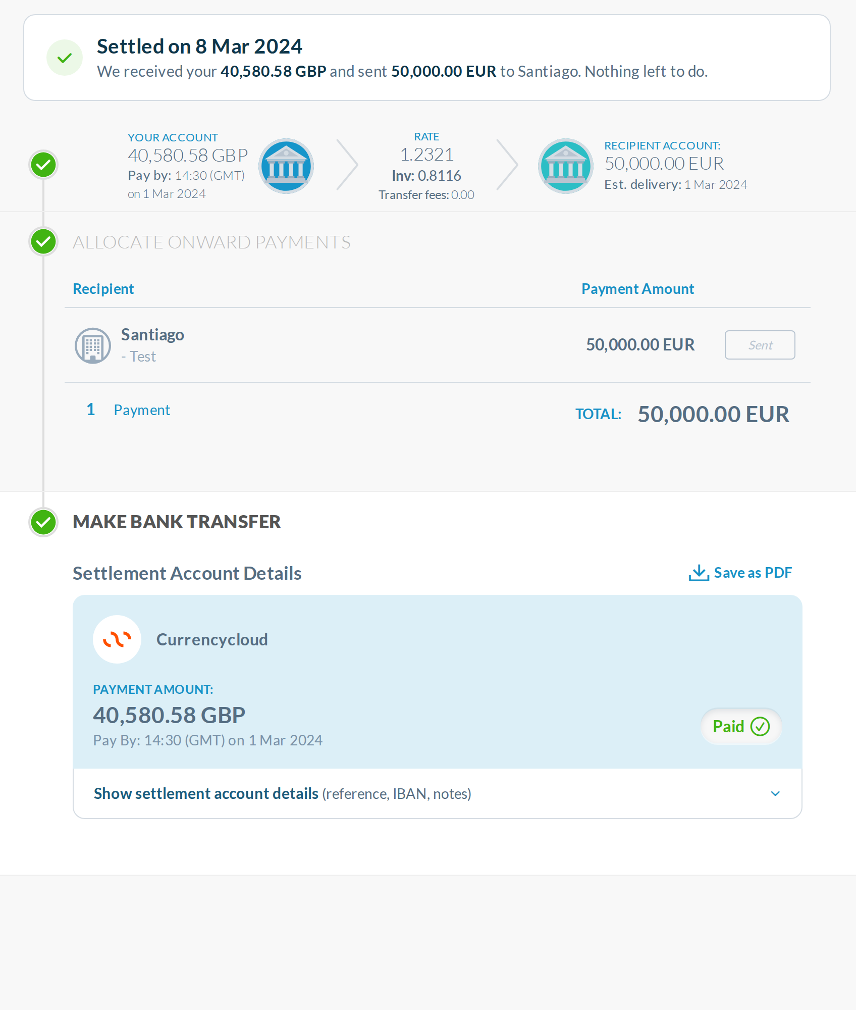 C (recommended), settled: the status is the first thing on the page, above the rail, and the details fold as in B.