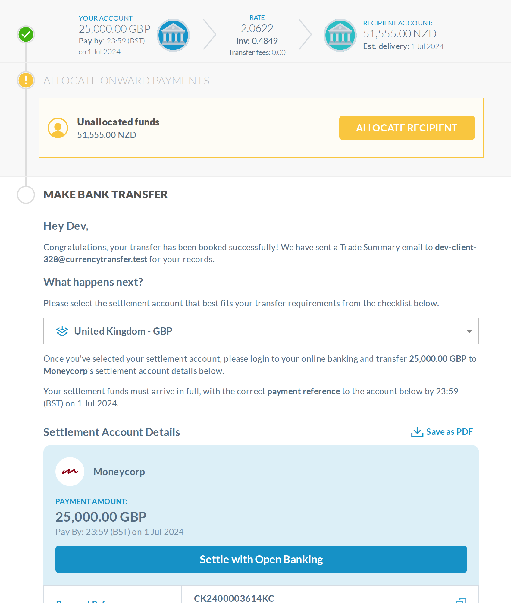 Today, unpaid transfer whose pay-by time (23:59 BST, 1 Jul 2024) passed long ago: the same congratulations and no overdue signal.