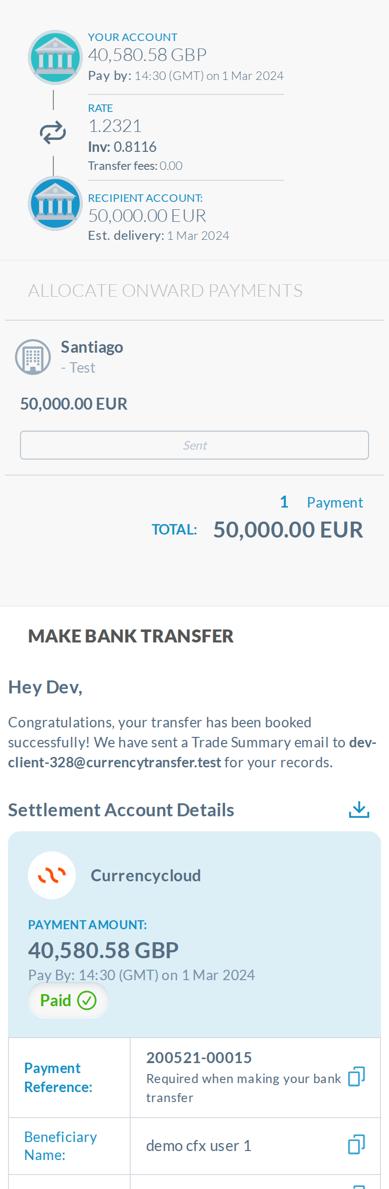 Today, phone at 390px: the rail is hidden, so the first screen shows amounts and the allocation list but nothing says the transfer is finished.